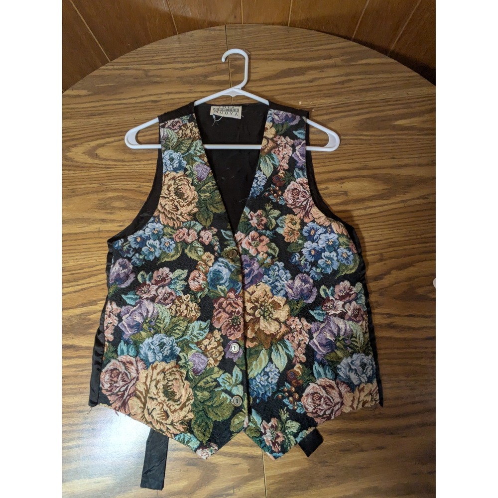 Idea Nuova Vintage Floral Tapestry Vest Black Satin Back Cinch Tie Cottagecore